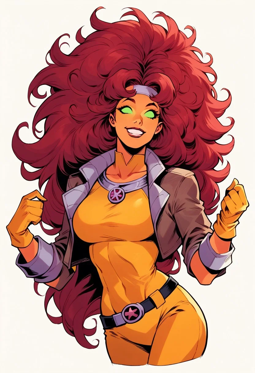 score_9, score_8_up, score_7_up, 1girl, solo, StarfireDG, DEFRogue, green eyes, no pupils, lipstick, red hair, two-tone hair, long hair, white bangs, messy hair, headband, big breasts, cropped jacket, brown jacket, yellow bodysuit, long bodysuit, yellow gloves, belt, yellow boots, full clothed, happy, smile, <lora:Starfire_PonyXL:0.8> <lora:r0gue:0.9>
