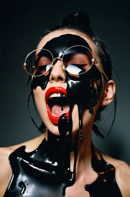 film grain texture,analog photography aesthetic,A woman exhibiting dramatic makeup and styling, half her face adorned with black paint mimicking a dripping effect, strands of hair sticking to the wet paint, projecting an avant-garde aesthetic, round oversized sunglasses with one lens covered in a similar black substance act as a focal accessory, her mouth open wide in a shout or gasp, conveying intensity and raw emotion, the backdrop is a dark, uniform color enhancing the subject's features, high-contrast lighting, vivid textures, and meticulous detail on the skin and paintwork suggestive of high-resolution photography, overall evoking a sense of edgy, contemporary fashion photography with a touch of surrealism.,