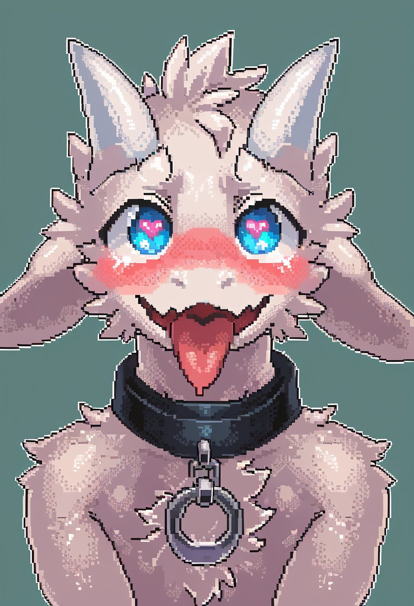 score_9, score_8_up, score_7_up, score_4, score_5, score_6, 2k, 4k, high res, pixel art, no humans, Drag0nt1m, 1boy, solo, head focus, male focus, headshot, chest focus, upper body focus, collar, furry, Ahegao, open mouth, Pink Heart-Shaped Pupils, blushing, looking down, blue eyes, dragon, white body, upper body, flat chest, white fur, white horns, simple background, green background