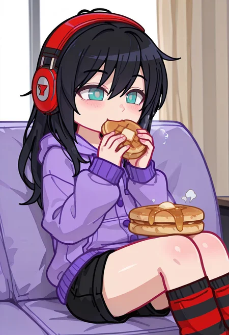 masterpiece ,best quality, amazing quality, Gnely433,Gnely433Gacha, gacha, 1girl, Black hair, turquoise eyes, red headphones, purple hoodie, purple button-up hoodie, black shorts, striped red socks, long socks, eats pancakes