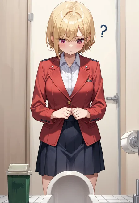 score_8, score_8_up, score_7_up, source_cartoon BREAK 1girl, female focus, solo, suit, skirt, red jacket, adult, jp1wc, toilet, standing, looking down, confused, ?, ???, rating_safe