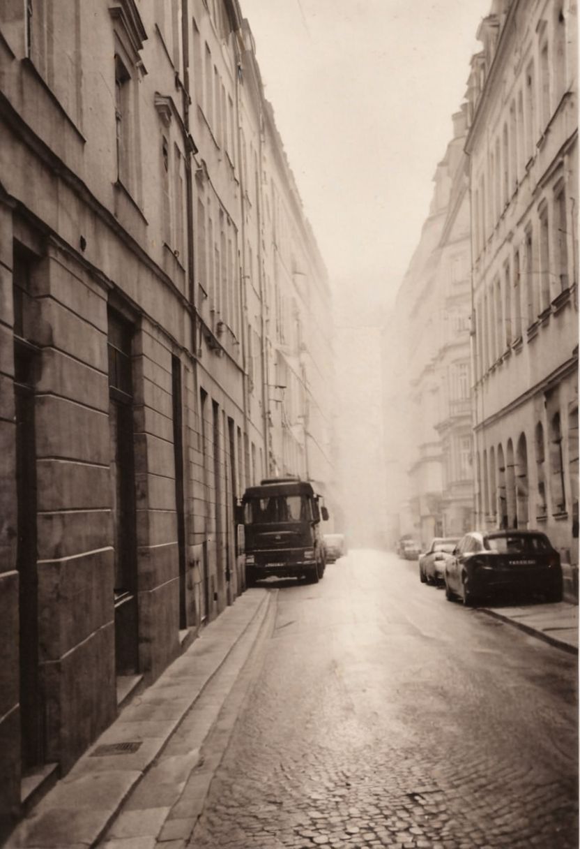 lith_agfabrovira_BH21, instagram photo, a dark and foggy street somewhere in europe, hard shadows, film grain