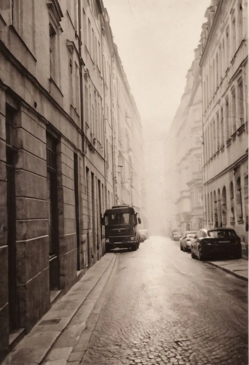 lith_agfabrovira_BH21, instagram photo, a dark and foggy street somewhere in europe, hard shadows, film grain