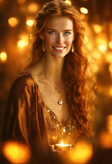 nbn-freyja, freyja, woman, jewelry, earrings, auburn hair long hair, wavy hair, hazel eyes, upper body, smile, looking at viewer, , realistic, blurry background