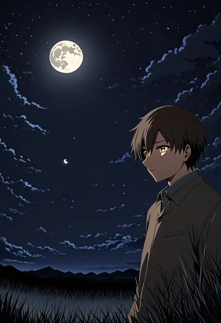 high resolution, solo, best quality, 1Boy, Takaki Toono, Brownish Hair, Brown Eyes, open space, night sky, moon, OverallDetail