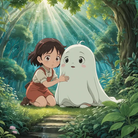 anime screencap, anime, thick outlines, (studio ghibli:1.5), 
a chibi Whimsical ghost, comforting a chibi , photorealistic, dense foliage, detailed greenery, soft light rays, serene ambiance, ultra-high resolution, natural color palette, cinematic shot, close-up view, medium shot, wide-angle view, low-angle shot, high-angle shot, expressive faces, smooth textures, gentle glow, mystical atmosphere, balanced composition, dynamic flow, tranquil setting, tender interaction, enchanted forest
