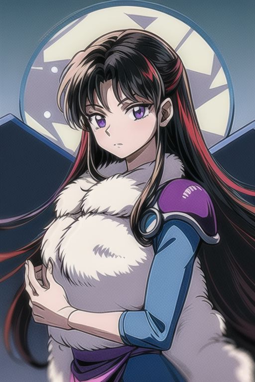 masterpiece,  best quality 1girl Setsun4 solo long hair,  (night time) forest background black hair very long hair purple eyes multicolored hair armor (fur trim) (medium body),<lora:EMS-179-EMS:0.800000>,<lora:EMS-293862-EMS:0.800000>