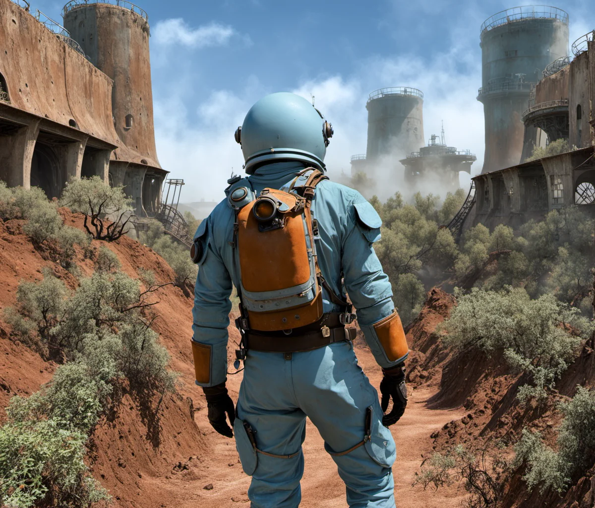 breathtaking scifi, (1 man portrait fullbody adventurous explorer,:1.3) looking at epic mars desert planetary metal fortress base, weary dusty blue spacesuit style overall, stains, hydraulic vault gates, huge rusty corroded eroded fuel pipes leaking murky slimy fluid, dusty cables, architecture overcome with fungi, toxic water pond, overgrown blue vines, grit, old weary texture,cloudy sky, mist
<lora:Overgrown-SDXL-b:1> <lora:BarnumAtelier-SDXLa:1> <lora:Grit-SDXL:1> <lora:Cloudify-SDXL:0.15> dim light sunset, (in background spaceship landing:1.1) . award-winning, professional, highly detailed