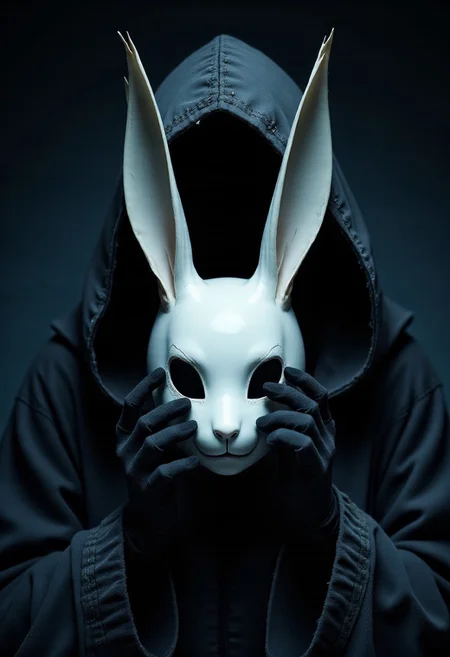 A cinematic close-up captures a faceless woman, deep in shadow. The camera peers through one of the mask's eyeholes, revealing the sharp, dark silhouette of the head of the shapeless, ghostly figure. Her face is a void—an endless, smooth, pitch-black nothingness where her features should be. Her hood has fallen back, revealing a bald, perfectly smooth scalp that gleams faintly in the dim light like polished obsidian. The ancient hood, once covering her, now hangs limp over her shoulders, its tattered fabric stitched with silver runes that flicker faintly like dying embers, nearly lost in the surrounding darkness.
In her gloved hands, worn velvet clings to trembling fingers as she holds a porcelain mask—pale and cold, grotesque in its simplicity, shaped like a rabbit's face. The eerie smile is stretched unnaturally wide, too far, its eyes hollow and lifeless, staring into empty space. Cracks run along its cheeks like dried riverbeds, and the long ears—elongated and impossibly thin—stretch outward, standing out against the deep shadows. They twitch, almost alive in the stillness, their forms exaggerated in their height and delicacy, piercing the darkness like unsettling tendrils of bone.
The camera focuses entirely on the mask, emphasizing the elongated, delicate ears, which loom large in the composition. Only sharp slivers of sickly blue light outline the mask’s edge, the hollow where her face should be, and the eerie, towering ears that seem to reach toward the unknown.