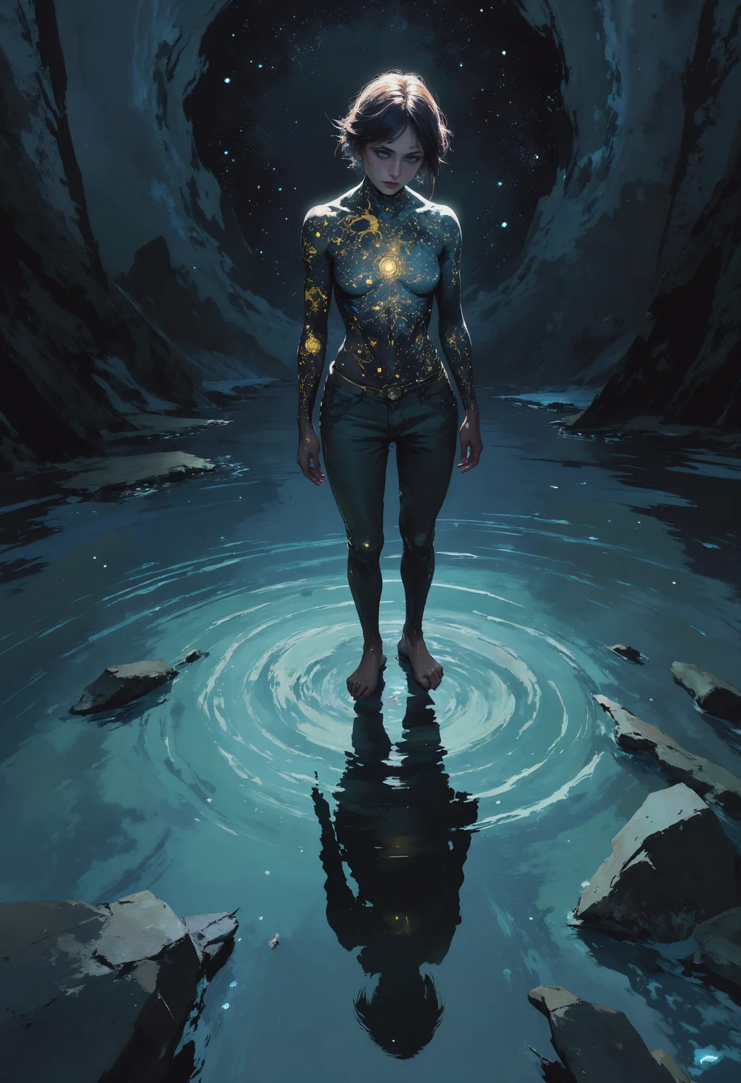masterpiece, high-quality, A woman stands at the edge of a crystalline lake, her constellation tattoos glowing faintly as they shift and ripple across her skin, as though alive with celestial motion. Captured from a slightly high, intimate angle, the camera reveals her wistful gaze fixed on the mirrored surface of the water, where faint, otherworldly creatures swim just beneath the surface. Her shadow stretches long and surreal behind her, transforming into a swirling cosmic pattern of stars and nebulae. The hyperdetailed setting is awash in muted twilight tones, creating an introspective and mysterious atmosphere that blends surrealism and realism seamlessly, <lora:FLUX\FLUX-daubrez-DB4RZ:0.3> <lora:FLUX\Anime v1.3:0.5> <lora:FLUX\DarksunRiddV4:0.6> <lora:FLUX\ArcaneFGTNR:0.5>
