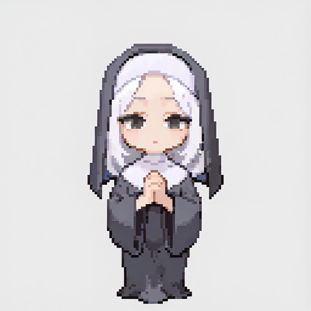 pixel art, chibi,
1girl, nun, white hair, long hair, dress, black eyes, praying,
solo, standing, full body, looking at viewer,
(white background, simple background:1.3),  <lora:ElinSpriteNoobLocon_byKonan:1>