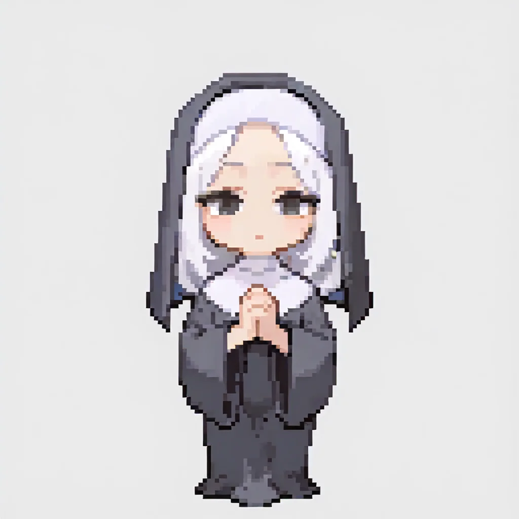 pixel art, chibi,
1girl, nun, white hair, long hair, dress, black eyes, praying,
solo, standing, full body, looking at viewer,
(white background, simple background:1.3), <lora:ElinSpriteNoobLocon_byKonan:1>