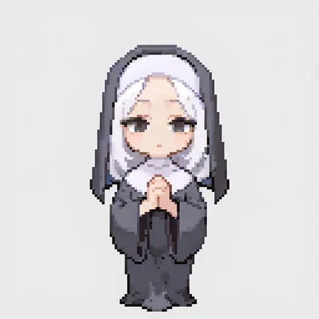 pixel art, chibi,
1girl, nun, white hair, long hair, dress, black eyes, praying,
solo, standing, full body, looking at viewer,
(white background, simple background:1.3), <lora:ElinSpriteNoobLocon_byKonan:1>