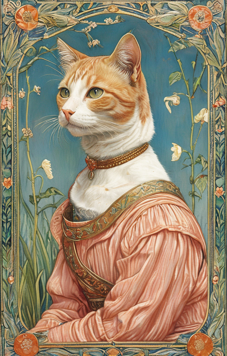 masterpiece,best quality,<lora:tbh132-sdxl:0.8>,portrait of cat,illustration,style of Walter Crane,