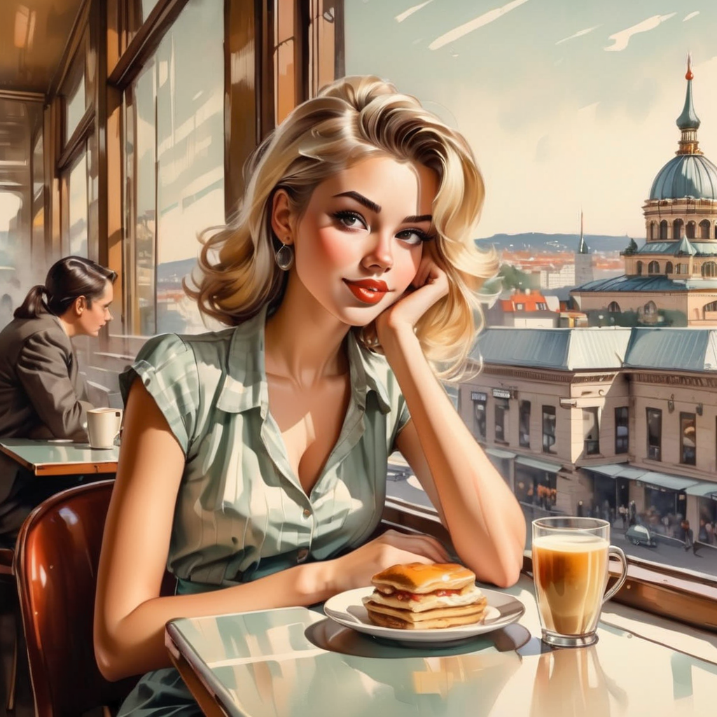 vintagemuse girl at a table in a cafe, people, windows, city in the background <lora:vintagemuse:1>