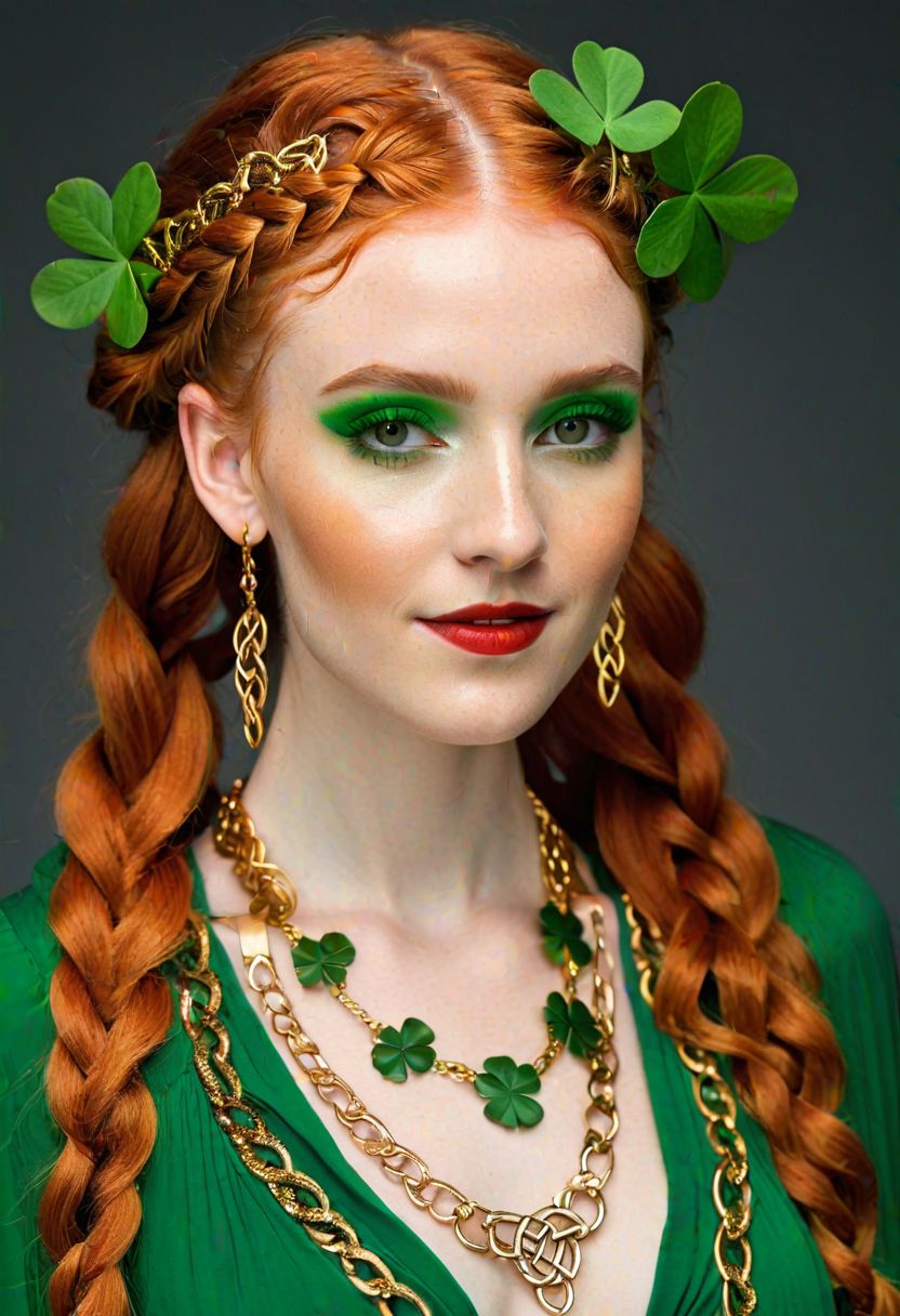 redhead model, modern take on celtic culture, intricate celtic braids with vibrant green shamrocks woven in, colorful makeup, elaborate gold jewelry, flowing red dress, confident expression, soft smile