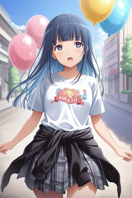 masterpiece, best quality, amazing quality,
<lora:Mahiru_IL:1> mahiru, 1girl, shirt, balloon, blue hair, solo, long hair, clothes around waist, skirt, white shirt, plaid skirt, plaid, outdoors, bangs, blunt bangs, open mouth