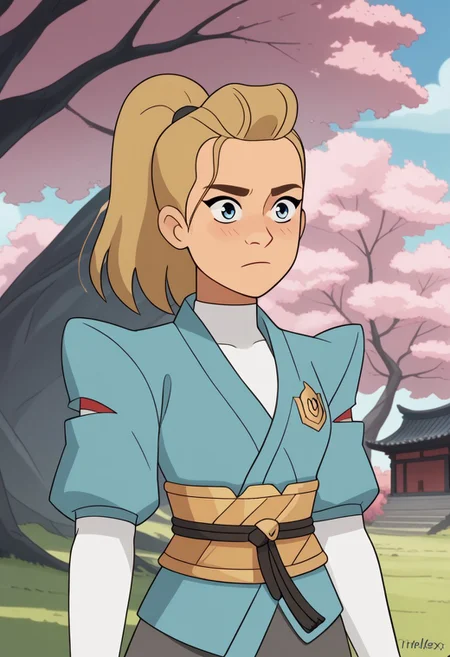 score_9, score_8, score_7, score_6,
triplevexx, solo, ((Adora, blonde hair, ponytail, blue eyes,))
Character Description: A disciplined warrior with a calm demeanor and a topknot.
Outfit: Traditional samurai armor with intricate designs and a katana at her side.
Action: she is standing in a poised stance, ready for battle, with the katana drawn.
Background: A serene Japanese garden with cherry blossom trees and a stone lantern.
Composition Details: Soft, diffused lighting creates a tranquil atmosphere, with a medium close-up shot that emphasizes his focused gaze and the details of his armor.
