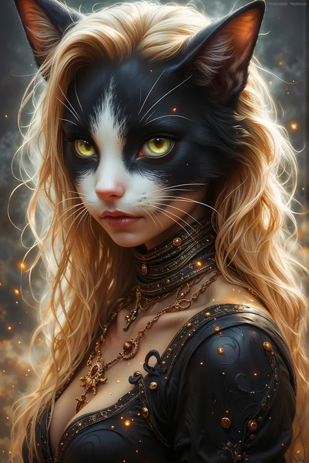 realistic illustration scene -splitting hairs-- tattoos --long flowing hair, poison death, earth shattering . style dark and disturbing -- raw
A lost child

score_9_up, score_8_up, score_7_up, (masterpiece, best quality), ), a crazy scene 
fashion shoot, beautiful midjourny warrior girl perfect sweet face and green  eyes, tall sexy body. Blonde  hair  long blowing hair, Fantastic Realism and Sharp Focus, Mysterious . leather and lace on smooth tan skin. Gold 
necklace.  Indigo and white digital fantasy 
RADIOACTIVE Reading.  epic journey 

Sepia candid photography ., pixabay, vorticism, sand piled in corners, mycelium, side view close up of a gaunt
A whimsical, cartoon-style black and white cat with exaggerated features, including a wide, toothy grin and large, bright yellow eyes. Its fur appears playful and unkempt, with prominent whiskers and distinct ear shapes. The background is a soft, muted color that accentuates the cat's vibrant expression.