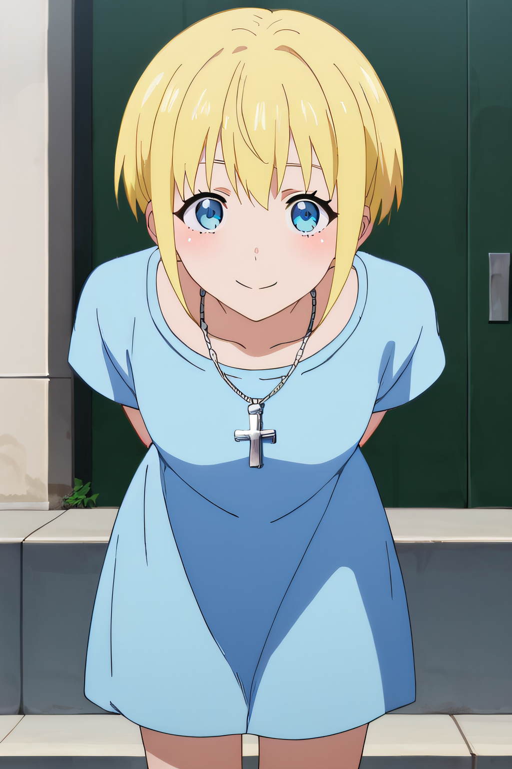 score_9, score_8_up, score_7_up, source_anime, rating_safe, intricate details, anime screencap, official style, 1girl, solo, <lora:Sister_Iris:1>, iris, blonde hair, blue eyes, short hair, blue dress, cross necklace, smile, looking at viewer, smile, outdoor, cowboy shot, arms behind back, bent over, blush