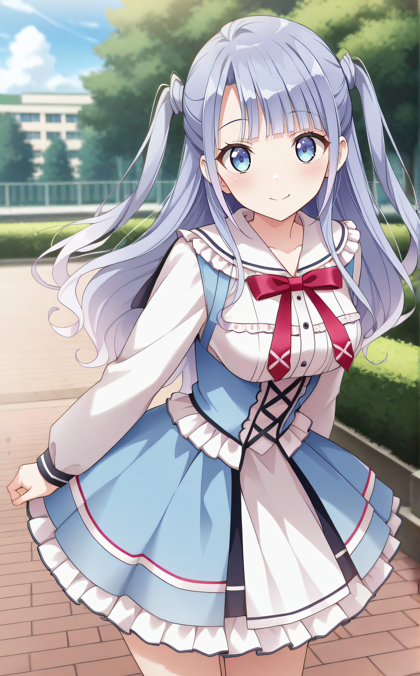 masterpiece, best quality, highres, newest, scenary, 1girl, solo, official style, <lora:Ougi_Ichika:1>, ichika, long hair, two side up, dress, frills, school uniform, looking at viewer, smile, outdoor, cowboy shot