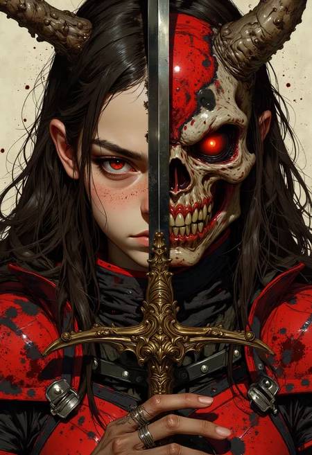 striking and dramatic composition. It depicts a female character with half of her face visible, the other half obscured by a demonic mask. The visible side of her face has pale skin, sharp features, and intense red eyes, with dark hair cascading down. The mask is grotesque, with a skeletal structure, sharp teeth, and glowing red eye, creating a stark contrast. A sword with an ornate hilt runs vertically down the center, dividing the human and demonic sides. The background is a muted beige, enhancing the vivid red and black color scheme of the character's armor and the blood splatters. The overall style is dark fantasy, with intricate details and a focus on duality and transformation.   <lora:FluxMythV2:0.6> <lora:fantastic-realism:0.6>