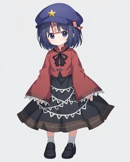 miyako yoshika,1girl, solo, hat, red_shirt, black_footwear, star_hat_ornament, full_body, black_skirt, star_\(symbol\), looking_at_viewer, no_nose, long_sleeves, sleeves_past_fingers, bandaid_on_knee, wide_sleeves, neck_ribbon, ofuda, bandaged_leg, black_ribbon, footwear_bow, white_background, red_bow, standing, black_bow, arms_at_sides, stitches, shoes, tangzhuang, purple_headwear, :|, expressionless, simple_background, black_headwear, blue_headwear, jiangshi, hair_ornament, adapted_costume
<lora:miyako_yoshika_image2483_2023-12-20:1>,star-shaped_pupils,symbol-shaped_pupils,. gorgeous,key visual, vibrant, studio anime,award-winning, professional, highly detailed,high budget, cinemascope