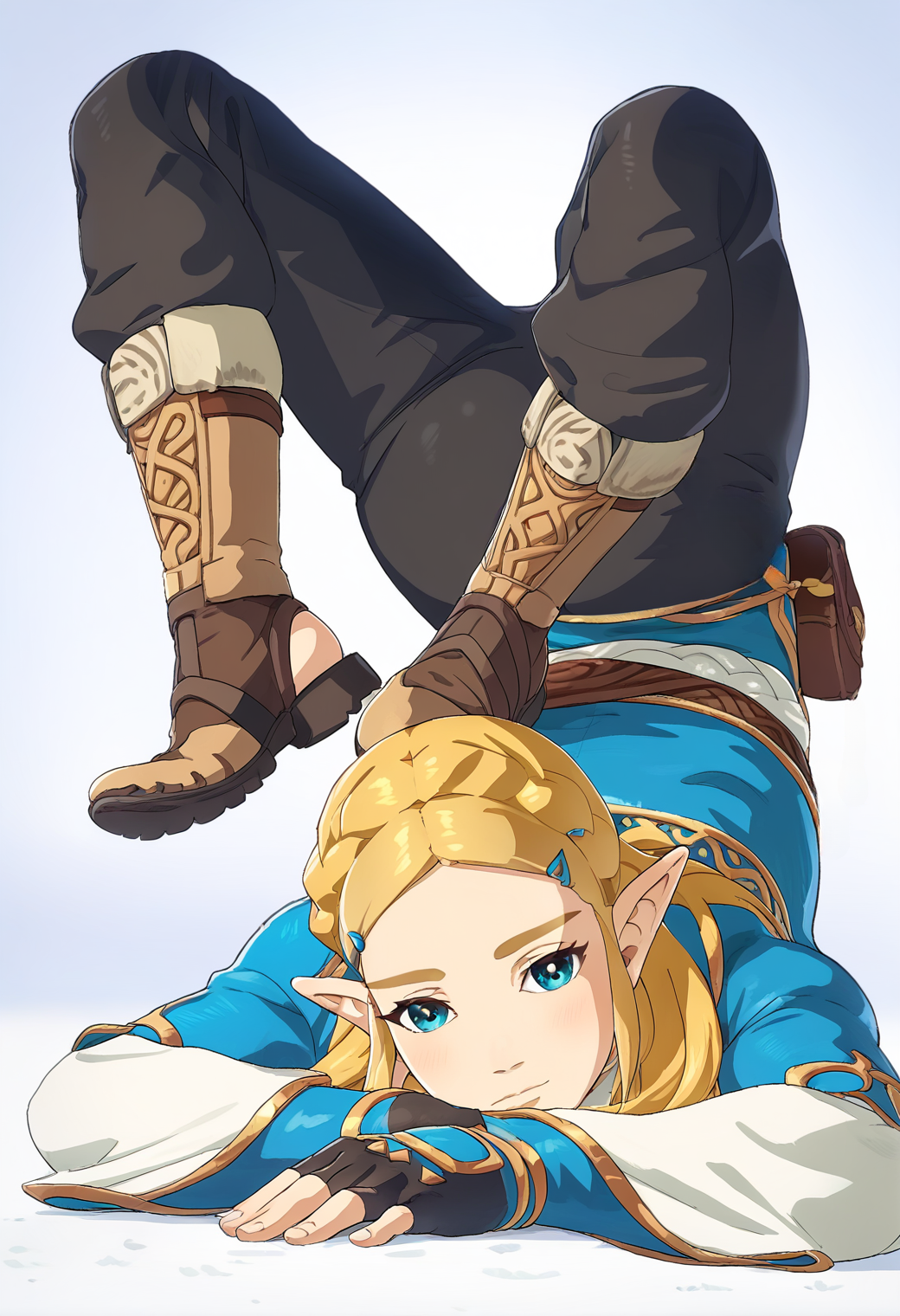 <lora:scorpion_pose_ponyxl_DoRA_v2:1>, scorpion pose, 1girl, solo, barefoot, feet, toes, top-down bottom-up, back, white background,
<lora:ZeldaXL-v2-07:0.8>, ChopioZelda, blonde hair, aqua eyes, pointy ears, looking at viewer, long hair, crown braid, sidelocks, parted bangs, hairclip, outfit_1, blue crop top, gold trim, white undershirt, breastplate, layered sleeves, brown sash, black gloves, fingerless gloves, black pants, knee boots, brown footwear pouch,
score_9, score_8_up, score_7_up, score_6_up, anime, rating_safe