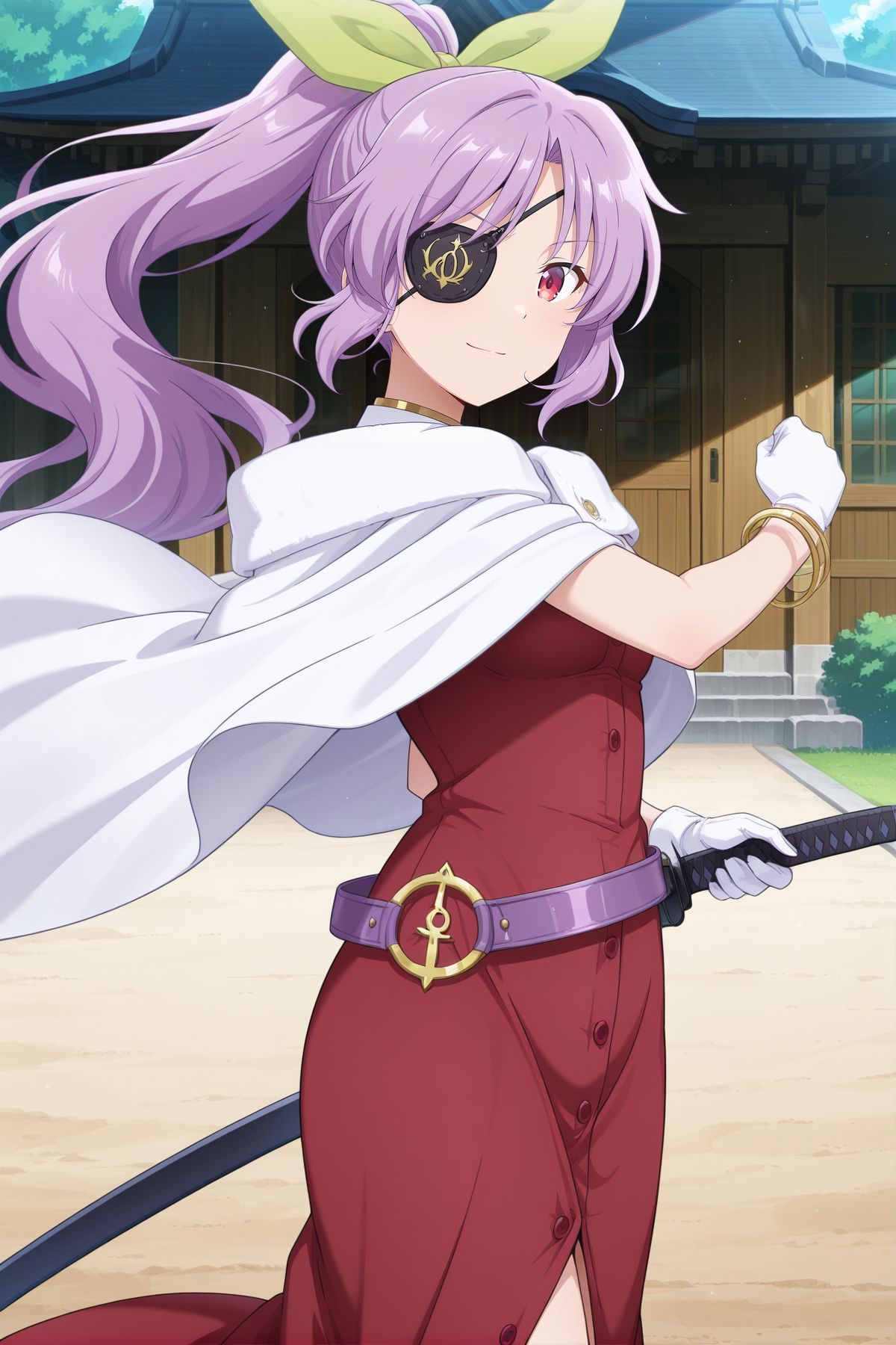absurdres, highres, masterpiece, best quality, amazing quality, official anime artwork, screencap, anime screencap, outdoors, looking at viewer, light smile, dynamic pose, standing,
 <lora:Watatsuki-no-Yorihime_Illustrious:1> watatsuki no yorihime, 1girl, solo, red eyes, puple hair, long hair, ponytail, small breasts,, watatsuki no yorihime \(peace temple of modesty and devotion\), alternate costume, hair ribbon, green ribbon, white capelet, eyepatch, red dress, open dress, pinafore dress, sleeveless dress, buttons, purple belt, loose belt, bracelet, white gloves, holding sword, fighting stance,