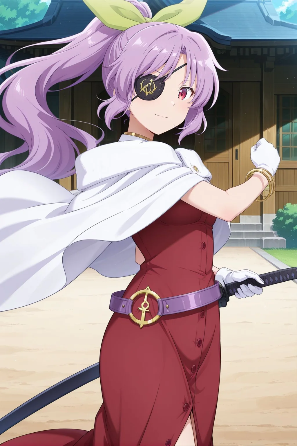 absurdres, highres, masterpiece, best quality, amazing quality, official anime artwork, screencap, anime screencap, outdoors, looking at viewer, light smile, dynamic pose, standing,
 <lora:Watatsuki-no-Yorihime_Illustrious:1> watatsuki no yorihime, 1girl, solo, red eyes, puple hair, long hair, ponytail, small breasts,, watatsuki no yorihime \(peace temple of modesty and devotion\), alternate costume, hair ribbon, green ribbon, white capelet, eyepatch, red dress, open dress, pinafore dress, sleeveless dress, buttons, purple belt, loose belt, bracelet, white gloves, holding sword, fighting stance,