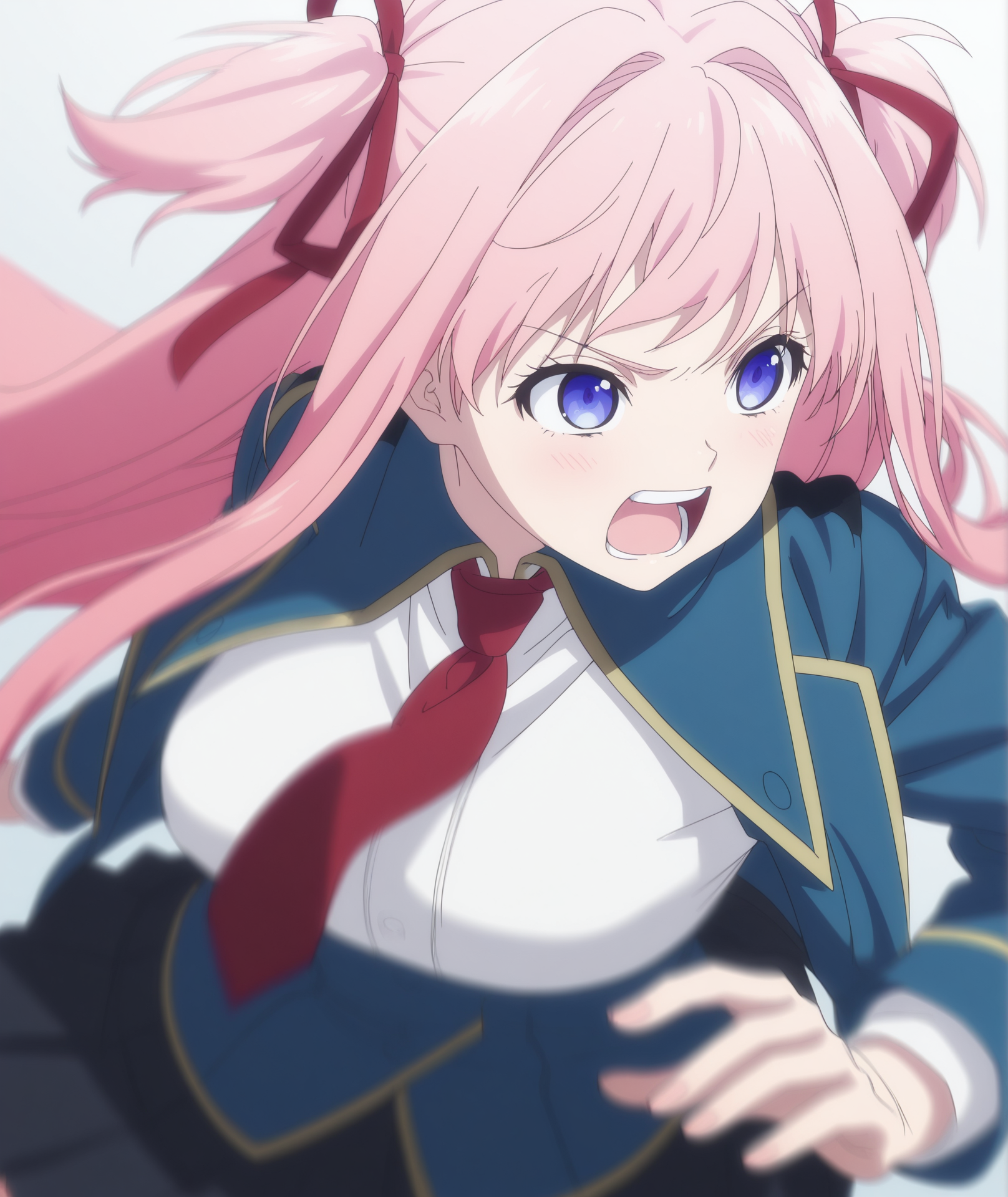 highres, absurdres, hi res, best quality, masterpiece, 2d, intricate details, 4k, anime coloring, elegant, digital painting, highly detailed, artstation, sharp focus, illustration,
1girl, solo, female, long hair, bangs, blue eyes, blonde hair, ribbon, very long hair, purple eyes, hair ribbon, pink hair, red ribbon, two side up,
skirt, shirt, long sleeves, school uniform, jacket, white shirt, pleated skirt, necktie, black skirt, blue jacket, red necktie,
cowboy shot, upper body,
white background, gradient background,
blurry, motion blur, motion lines, focus blur, depth of field, <lora:Lilia_Kudelfate_(Character)_ILXL:1>