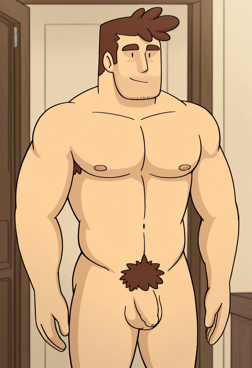 detailed background, detailed background, solo, masterpiece, perfect quality, best quality, detailed, newest, very aesthetic, RobinRMA, nude, male pubic hair, flaccid, nipples, short hair, bara, sideburns, brown hair, stubble, solo, 1boy, male focus, smile, happy