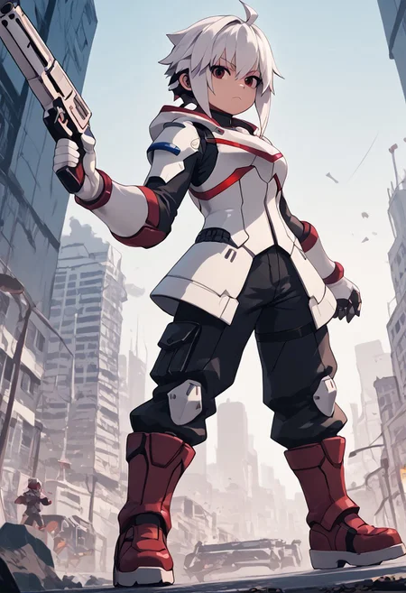 score_4,score_5,score_6,score_7_up,score_8_up,score_9 ((masterpiece,best quality,ultra detailed,highres,HD,4k:1.2)),
Copen(GV),white hair, ahoge, short hair,sidelocks,red eyes, dark eyes,highlight off,Eyes without highlights,
hood, Hood down,white armor, white gloves, red boots, black pants,
Silver Gun,Holding a gun, shooting a gun,
standing,looking at viewer,science fiction,city,
serious,