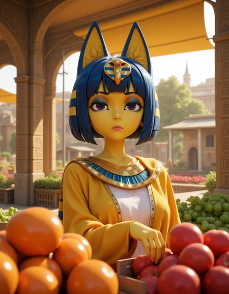 3d CGI Style in a wide shot. Looking at viewer, outdoors in daylight, explicit
She is a 25 year old mature woman, and adult, Doubtful with furrowed brows, lips pressed in a thin line, and a hesitant gaze.
<lora:Animal_Crossing_-_Ankah_V2_000030:1> she is an egyptian woman with yellow skin, with cat ears. Blue hair in a bob cut with blunt bangs, she is a furry female with a cat tail. Wearing a
Traditional Egyptian-style attire with gold and blue accents, reflecting ancient royalty.
A woman stands in a bustling farmerâs market, carefully selecting ripe fruits and vegetables, her fingers brushing over the produce as she inhales the fresh, earthy scents.