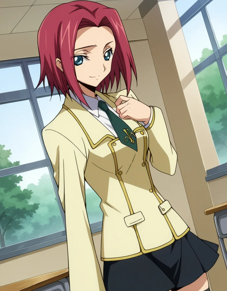 score_9, score_8_up, score_7_up, source_anime,
kallenstadtfeld, <lora:kallen-stadtfeld-s1-ponyxl-lora-nochekaiser:1>,
kallen stadtfeld, blue eyes, red hair, short hair,
ashford academy school uniform, long sleeves, miniskirt, school uniform, skirt, thighhighs, zettai ryouiki,
indoors, classroom, smile,
looking at viewer, cowboy shot, dutch angle, solo,