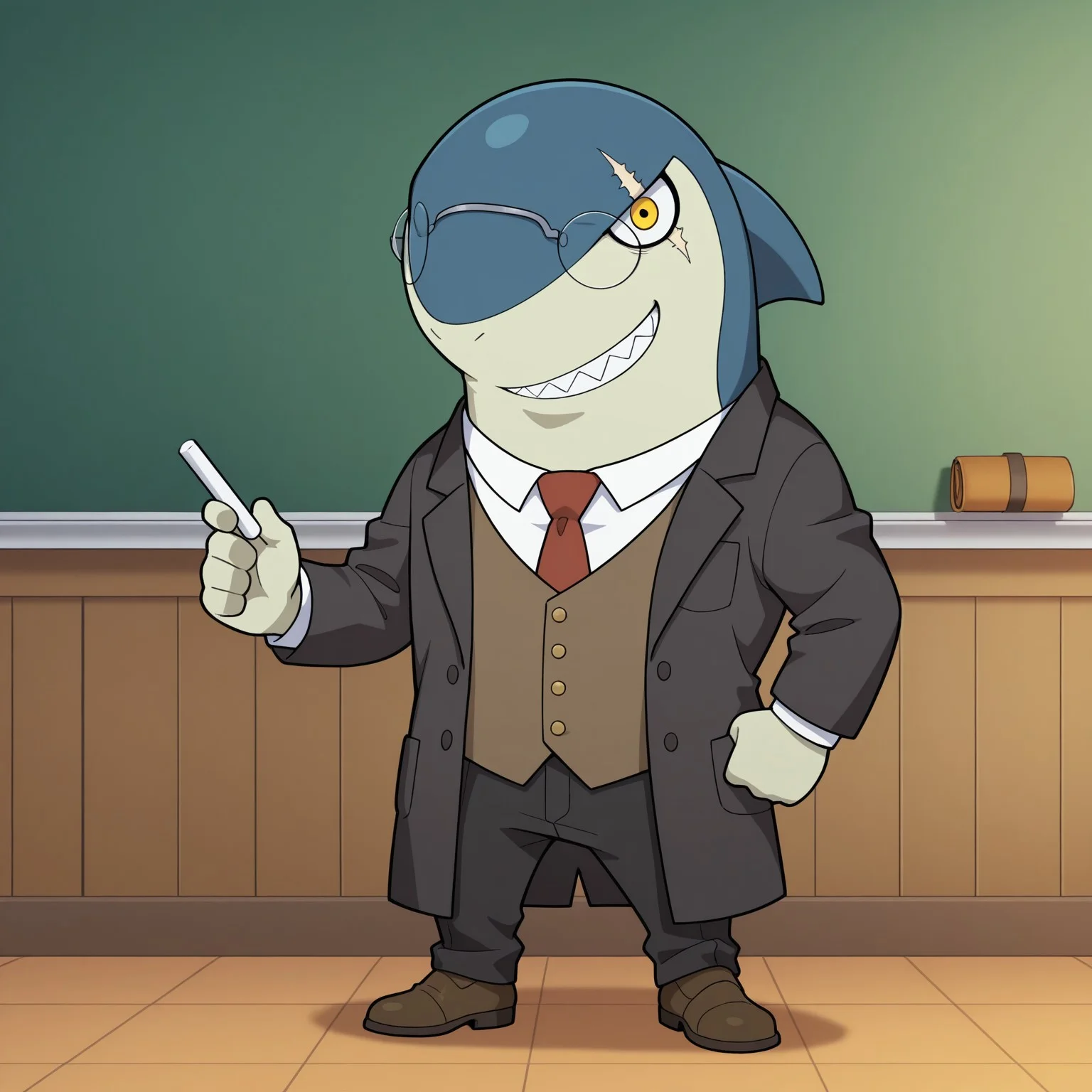 Indyjaws, 2d, 1boy, solo, male, shark, blue skin, shark fin, sharp teeth, two tone skin, eye scar, white sclera, yellow eyes,
Glasses, brown vest, buttons, white inner-shirt, red tie, black coat, black pants, brown shoes,
BREAK holding single chalk, chalkboard, classroom, looking at viewer, smiling, standing