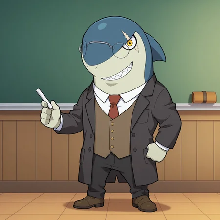 Indyjaws, 2d, 1boy, solo, male, shark, blue skin, shark fin, sharp teeth, two tone skin, eye scar, white sclera, yellow eyes,
Glasses, brown vest, buttons, white inner-shirt, red tie, black coat, black pants, brown shoes,
BREAK holding single chalk, chalkboard, classroom, looking at viewer, smiling, standing