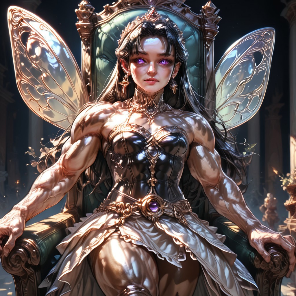Medium shot, detailed, photorealistic, hyper realistic, score_9, score_8_up, rating_safe, solo ((arch fey, detailed violet eyes, (beautiful woman, white corset, skirt, pants, sword belt, and holding a sword), ((bronze metallic gold skin ral-polishedsteel)), ((huge muscles, muscular shoulders, muscular thighs, muscular biceps, muscular torso, small petite breasts)), (fairy wings), (long black hair))), (standing next to a multicolored crystal throne, in a detailed throne room filled with treasures, detailed lighting), hi res, hi quality, 4k, concept art, digital art, realistic, detailed background, lens flare, pixel art, piratical beauty, great lighting
