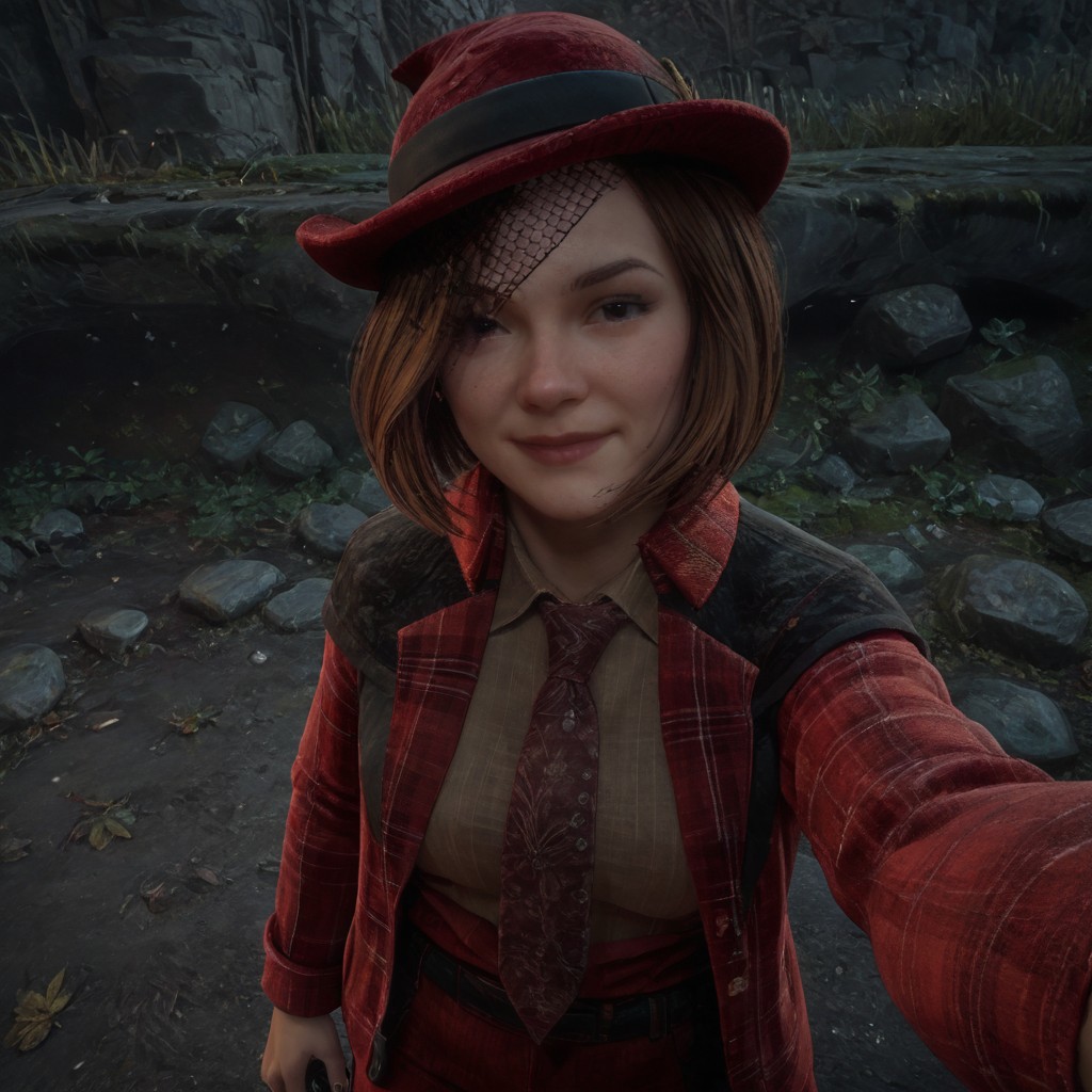 score_8, score_9, break, agnes_hl, 1girl, brown hair, short hair, hat, shirt, jacket, tie, red dress pants, selfie, pov, from above,