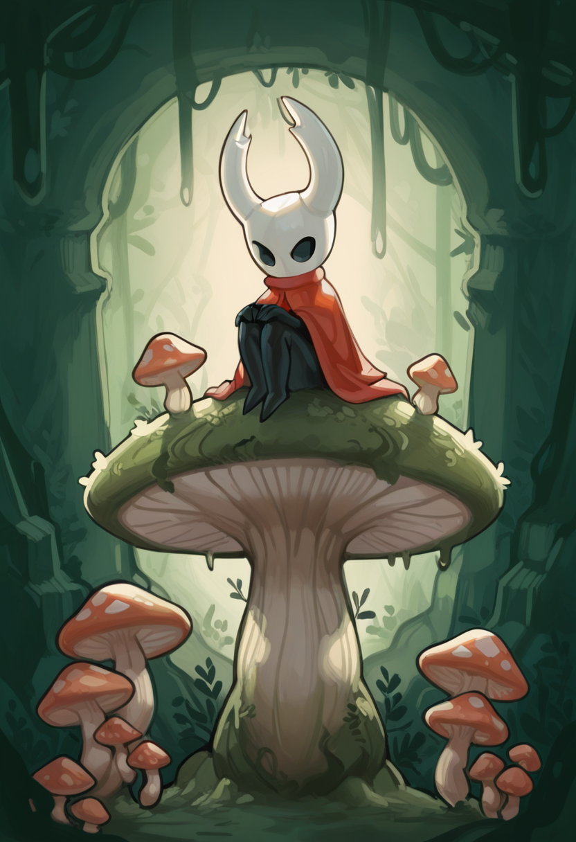 54k45t3style, masterpiece  best quality,  solo, hollow knight, white horns, black body, red attire, perched upon a mushroom,  victorian background, backlighting, fungal caves, spores, moss, mushrooms