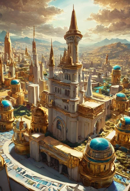 pmg style, score_9, score_8_up, score_7_up, score_6_up, alien city on  mars, towers and spires, beautiful, shining, dynamic, aesthetic