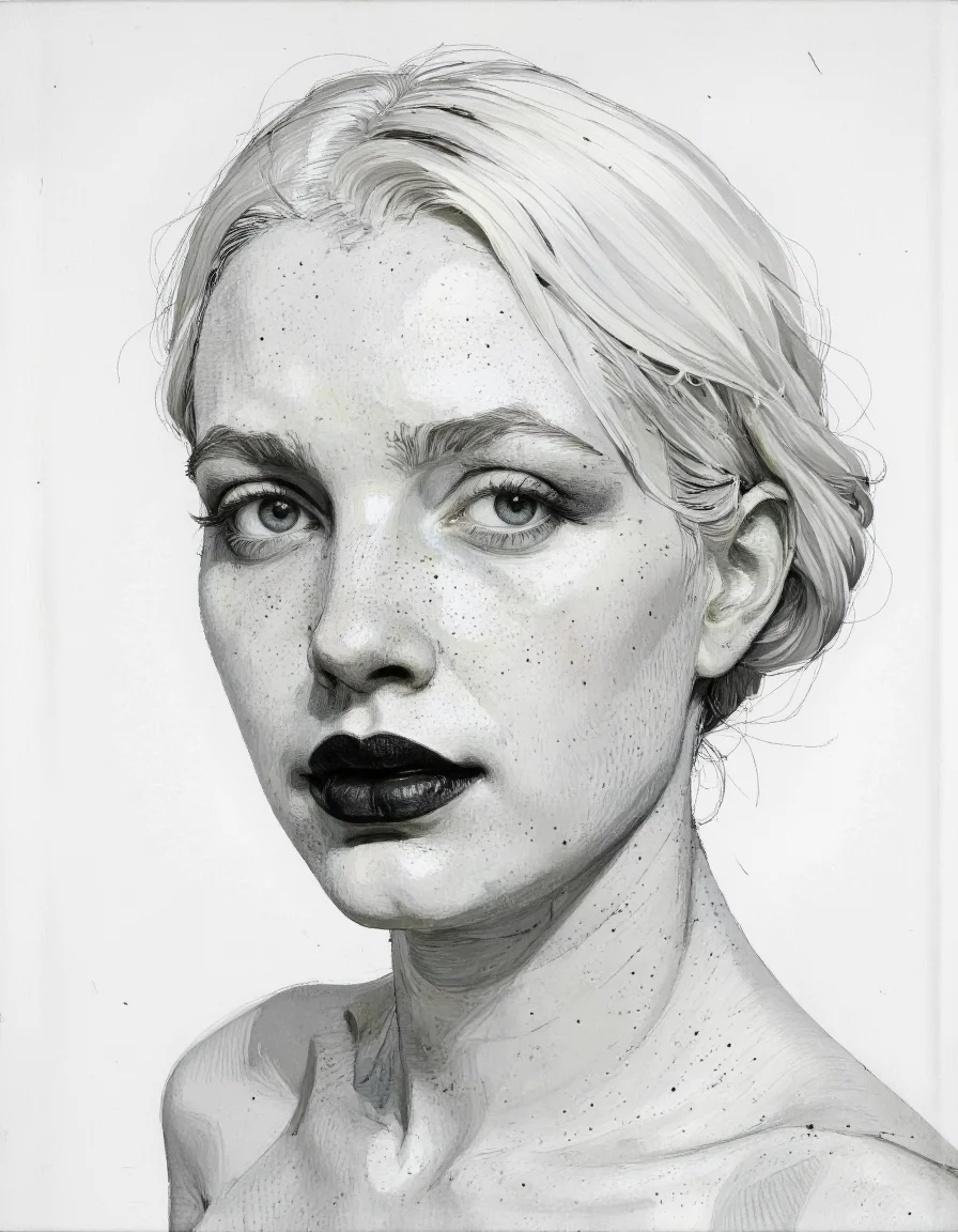 Tony Rodriguez style. A dramatic close up portrait photograph of a beautiful, ethereal woman with albino features. The left half of her body is visible, her delicate features seamlessly blending into a blank canvas. Her soft, glossy black lips stand out in contrast to the monochromatic background, drawing the viewerâs attention. Her eyes carry a subtle, mysterious expression that radiates both eerie and enchanting vibes. <lora:Tony_Rodriguez_7:0.85>