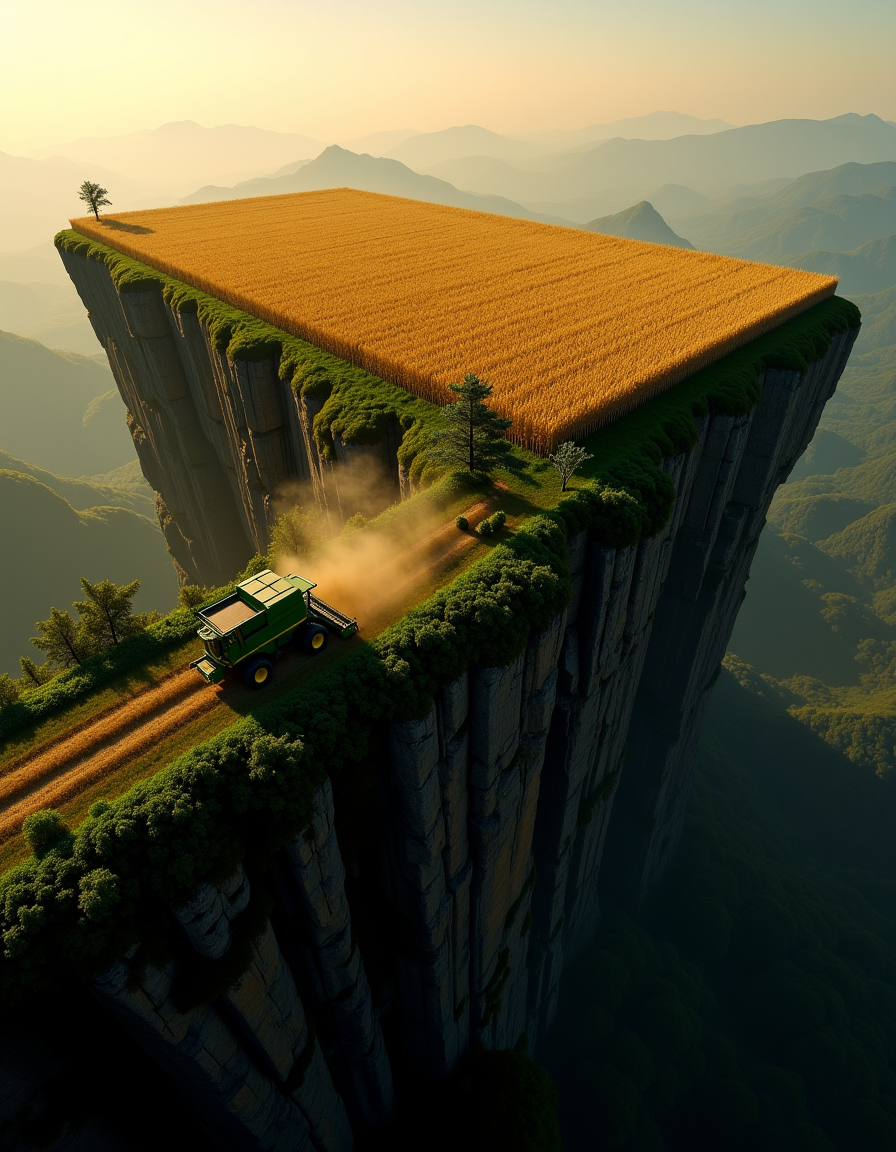  evening,  aerial view, the edge of the plateau, a high sheer cliff, a flat green corn field on top, a combine harvester rides through the field and collects corn, leaves fly, close to the edge of the cliff, epic,,
 

masterpiece,  (depth of field) ,   CPA, action pose,


  
  
  


  
  