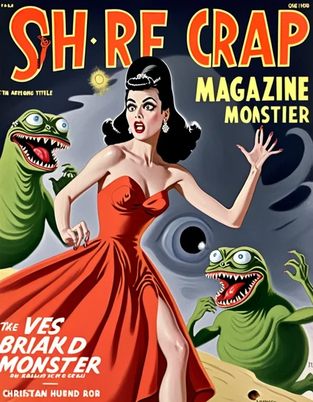 hud_plp_mag, english text title, "OH CRAP MAGAZINE", woman, black hair, hat, wearing Christian Dior gown, dress, diamond earrings, running from a three eyed monster, retro artstyle, magazine cover, parody, <lora:pulp_mag_xl:0.8>,