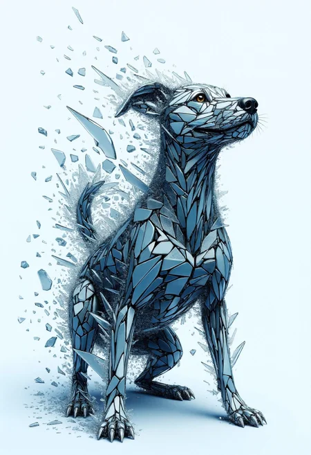 <lora:Glass_Fracture_Former_FLUX-000017:0.9>
This is a digital artwork featuring a stylized, surreal image of a dog made entirely of shattered glass.