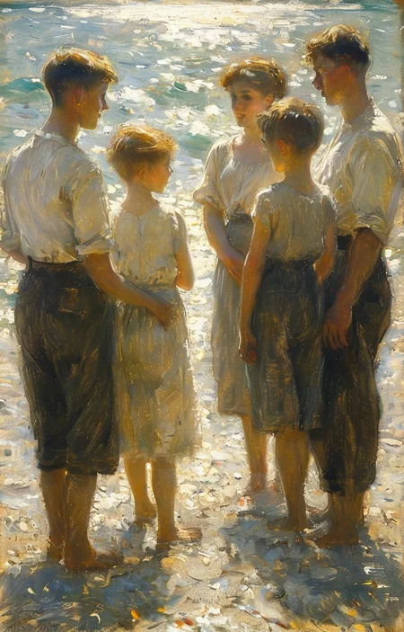 masterpiece,best quality,<lora:tbh239-sdxl:0.9>,illustration,style of Henry Scott Tuke portrait of family