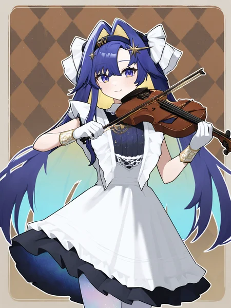 1girl,closed mouth,looking at viewer,smile,solo,voyager\\(reverse:1999\\),cowboy shot,,violin,playing_instrument,holding violin,bow \(music\),checkered_background,skyblue,rounded_corners,white gloves,<lora:voyager-000010:1>, masterpiece, best quality, very aesthetic, absurdres