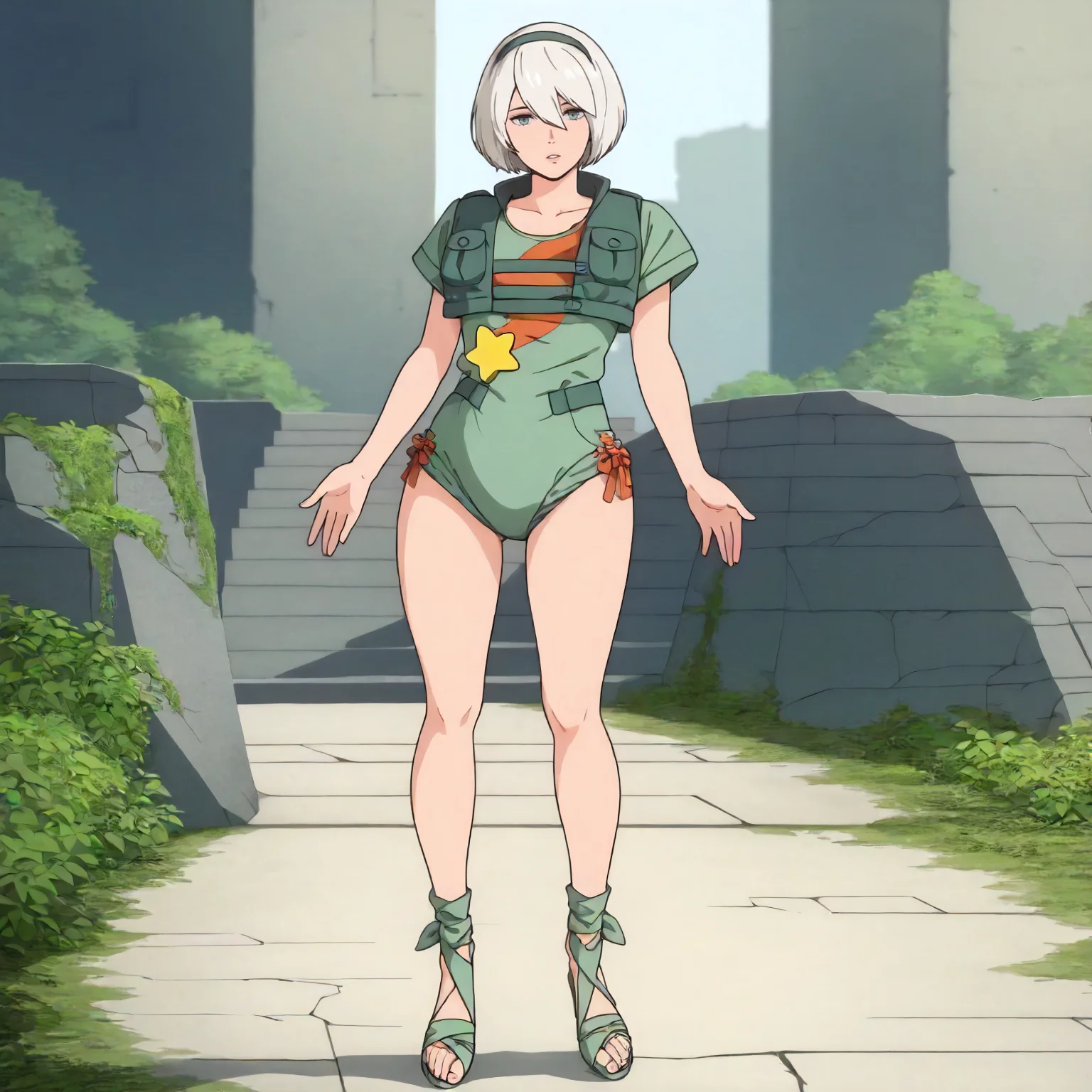 <lora:costume_roux_louka_outfitXLIllustrious002>,
masterpiece,best quality,good quality,newest,
outdoors,day,
parted lips,
looking at viewer,
solo,
1girl,2b \(nier:automata\),nier \(series\),
anime coloring,
louka_outfit\(costume\),green leotard,short_sleeves,crop top green vest,star \(symbol\),
green waistband,outfit ribbon,
sandals,
full body,standing,