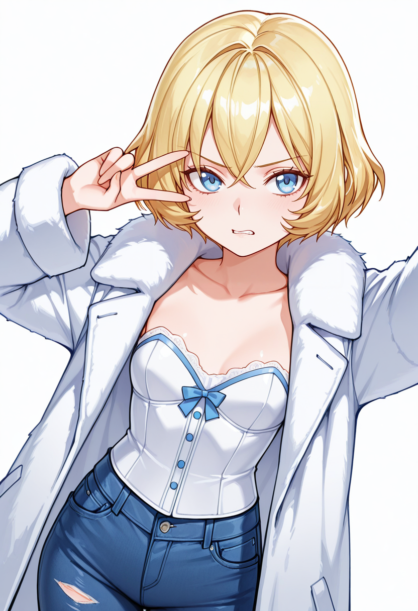 Smooth Quality,masterpiece,very intricate, high quality details, ultra realistic, high detailed skin,detailed enviorement,absurdres,
v over eye,
 <lora:Lierre_CNR:0.8> lierre_cnr, 1girl, blonde hair, short hair, bangs, blue eyes,, grimace,, simple background, white background, dutch angle,solo,, fur coat,,bustier,  ,patched jeans,  ,