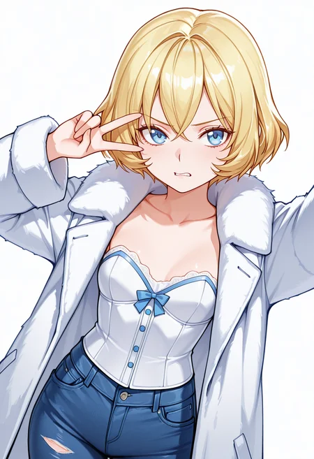 Smooth Quality,masterpiece,very intricate, high quality details, ultra realistic, high detailed skin,detailed enviorement,absurdres,
v over eye,
<lora:Lierre_CNR:0.8> lierre_cnr, 1girl, blonde hair, short hair, bangs, blue eyes,, grimace,, simple background, white background, dutch angle,solo,, fur coat,,bustier, ,patched jeans, ,